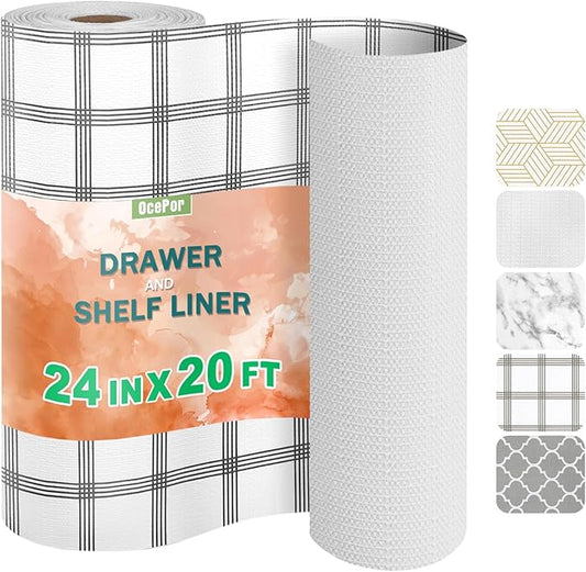 OcePor Non-Adhesive Drawer and Shelf Liner 24IN x 20FT，Non Slip Cabinet and Cupboard Liner, Kitchen Cabinet Liners for Shelves, Waterproof Drawer Shelf Liners for Cabinets/Bathroom Cupboard, Stripe
