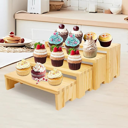 2 Set 8Pcs Large Display Riser Wood Risers Wooden Cupcake Display Stand 4Tiered Racks Perfume Display Dessert Food Stands for Vendors Event Party