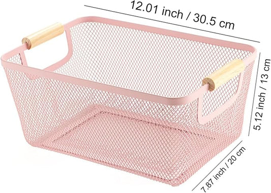 Metal Mesh Steel Basket, Medium Wire Storage Organizer Basket Multi-function Hanging Kitchen Basket with Wood Handle for Kitchen Bathroom Picnic Home, Rectangle-Pink
