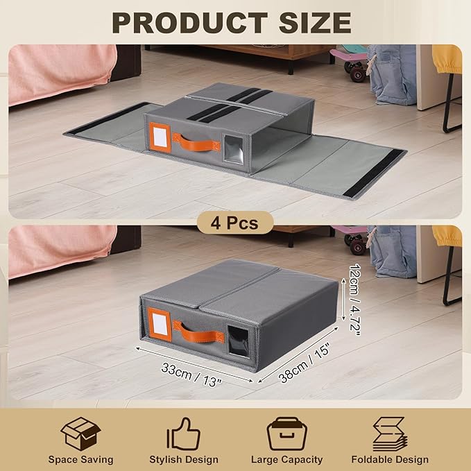 uxcell 4 Pack Bed Sheet Organizers and Storage with PU Handle, Foldable Bedding Duvet Cover Set Organizer Storage Closet and Under Bed Storage Containers, Gray