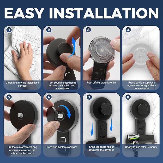 WingWider Suction Cup Razor Holder for Shower Wall 2 Pack,Heavy-Duty 15lbs Suction Hooks for Razor,Towel,Phone,Loofah, Removable Damage-Free Metal Shower Hook,Shaver Holder(Black)