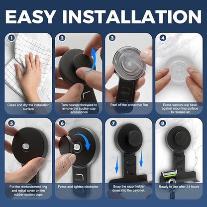 WingWider Suction Cup Razor Holder for Shower Wall 2 Pack,Heavy-Duty 15lbs Suction Hooks for Razor,Towel,Phone,Loofah, Removable Damage-Free Metal Shower Hook,Shaver Holder(Black)