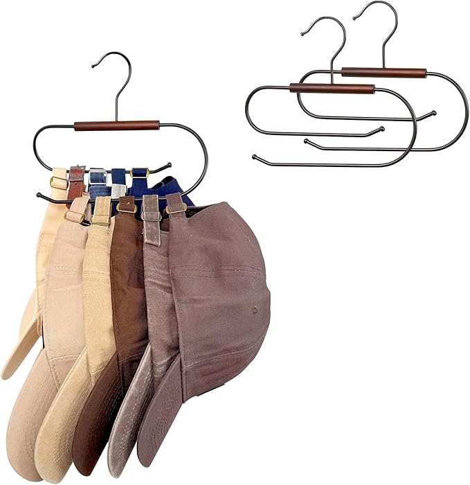 LoforHoney Hat Hangers for Closet, Hat Organizer for Baseball Caps, Wooden & Metal Hat Rack with Double-Layer Hanging, 2-Pack Racks Hold 20 Hats, Ideal for Hats Ties Bags Belts Leggings