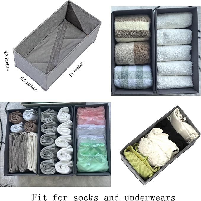 Sock Drawer Organizer Set of 3 Pack Gray, 11" Small Collapsible Fabric Underwear Dividers, Closet Foldable Dresser Storage Bins