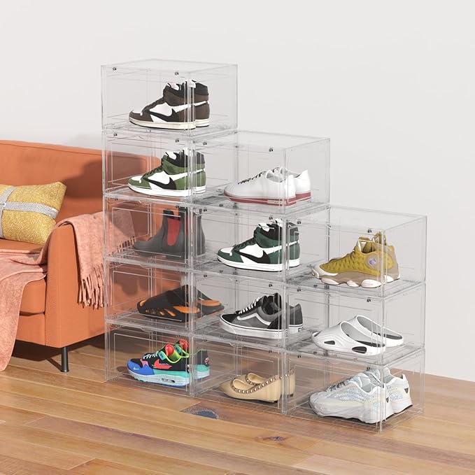 Haodehen 12 Packs Large Plastic Clear Shoe Boxes with Magnetic Door, Acrylic Display Case, Stackable Shoe Storage Organizer Container for Boot Sneaker