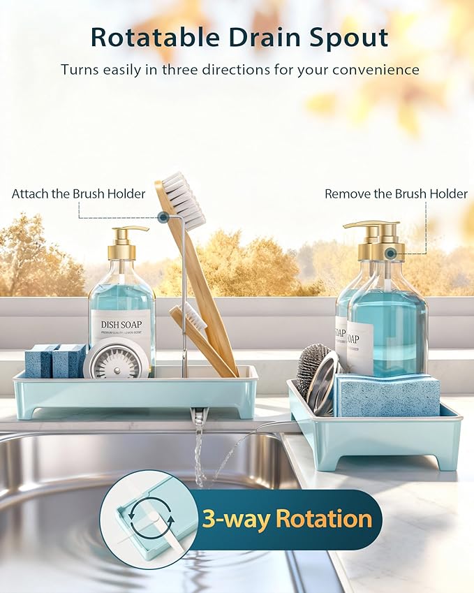 Caumic Minimalist Sink Caddy, Rustproof Sponge Holder for Kitchen Sink with 304 Stainless-Steel Brush Holder, Countertop Rack Organizer with Raised Ridges & Silicone Drain Tube (Pastel Blue)
