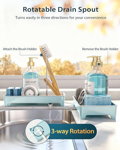 Caumic Minimalist Sink Caddy, Rustproof Sponge Holder for Kitchen Sink with 304 Stainless-Steel Brush Holder, Countertop Rack Organizer with Raised Ridges & Silicone Drain Tube (Pastel Blue)