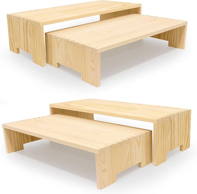 4Pcs Large Display Riser Wood Risers Cupcake Display Stand 2 Tier Racks Rectangular, 2 Set Perfume Decorative Display Dessert Stands for Vendors Event (Large/2Pack Nature)