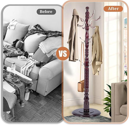 73”Vintage Wooden Coat Rack，With 14 Hooks and Sturdy Round Base.Sturdy and Durable Standing Coat Racks，Adjustable Wooden Freestanding Coat Rack for Porch，Bedrooms (Metal, 1 PCS)