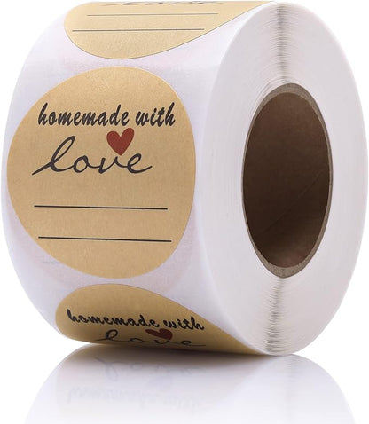 2" Homemade with Love Stickers, 500 Pcs Kraft Jar Canning Label Stickers for Baked Packaging, Cookie Bags, Fudge Containers, Store Owners, Crafts, Organizing, Price Tags