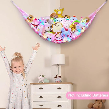 Unicorn Castle Stuffed Animals Net or Hammock Kids Toy Storage Organizer with LED Light Hanging Corner Stuffed Animals Holder Kids Girls Room Decor,Pink,Large (Pack of 1)