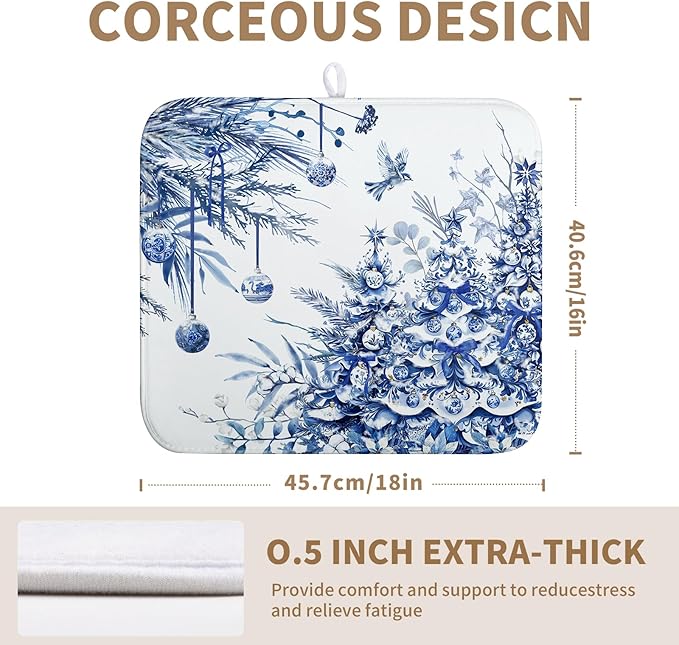 Wnoesat Christmas Tree Dish Drying Mat for Kitchen Counter 16x18 Inch Blue White Chinoiserie Winter Xmas Holiday Drying Mats Microfiber Absorbent Dish Draining Reusable Dish Drainer Pad