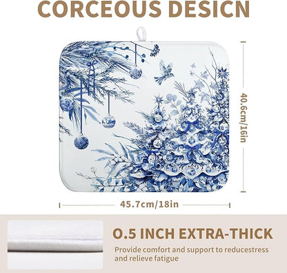 Wnoesat Christmas Tree Dish Drying Mat for Kitchen Counter 16x18 Inch Blue White Chinoiserie Winter Xmas Holiday Drying Mats Microfiber Absorbent Dish Draining Reusable Dish Drainer Pad