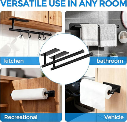 zaa Paper Towel Holder - 2 Pack Under Cabinet Paper Towel Holder, Fits Mega Paper Towel Rolls, Wall Mount Rack for Kitchen, Bathroom, RV, Adhesive or Screw Installation, Black