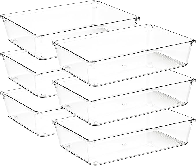Ravinte Decor 6 Pack Drawer Organizer - 6" X 9" Clear Acrylic Storage Bins with Non-Slip Pads, Versatile Desk Tray for Makeup, Jewelry, Kitchen, Bathroom, and Office Organization