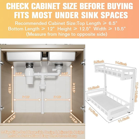 Under Sink Organizer 2 Pack, Metal Large Capacity 2-Tier Sliding Cabinet Storage Rack, Heavy-Duty Rust-Resistant Steel Frame, Holds 50 lbs Each, Adjustable Height 12–16", 14"D x 11"W for Home, White