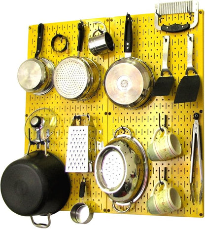 Wall Control Kitchen Pegboard Organizer Pots and Pans Storage Rack Organization Kit with Yellow Pegboard and Blue Accessories