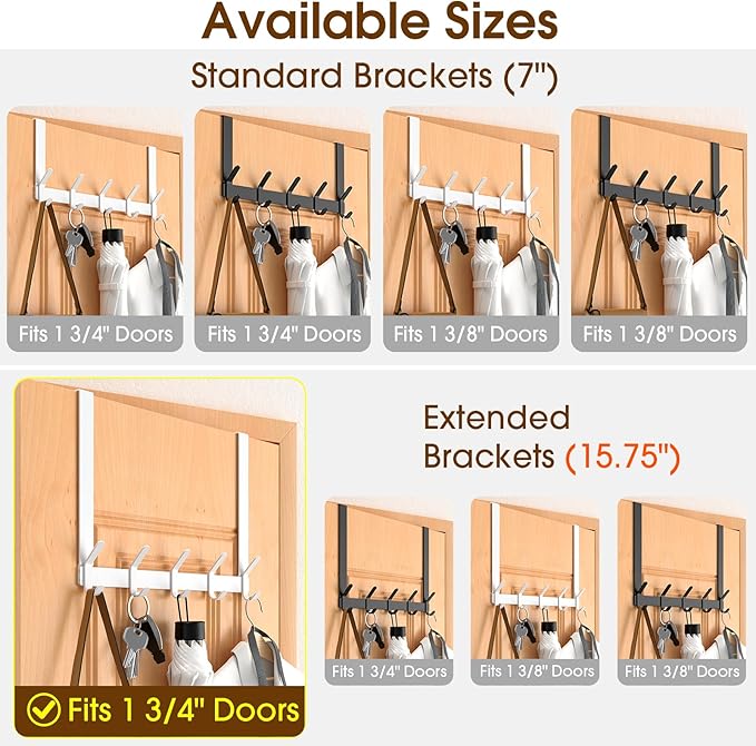 CHAUNCEY HOME Long Over The Door Hooks Hanger with 15.75" Arms for for Easier Access by Shorter, J16U, Perfectly Fits US Standard 1 3/4-inch Doors, Towel Rack Bathroom Organizer Holder, White
