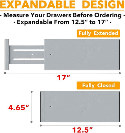 SpaceAid Bamboo 4 Pack Dresser Drawer Dividers, 4.65“ High Adjustable 12.5“-17” Drawer Organizers, Expandable Organization for Clothing, Clothes, Dressers, Gray