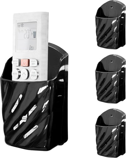 Remote Control Holder Wall Mount 4Pcs Stylish Organizer ABS Plastic Storage Box for TV AC Fan Remotes, No-Drill Adhesive or Screw Installation for Bedroom Headboard Office (Black)