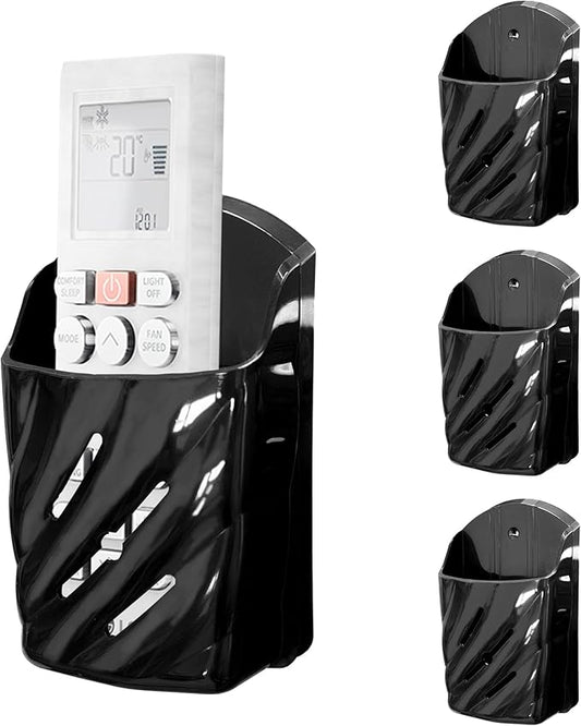 Remote Control Holder Wall Mount 4Pcs Stylish Organizer ABS Plastic Storage Box for TV AC Fan Remotes, No-Drill Adhesive or Screw Installation for Bedroom Headboard Office (Black)