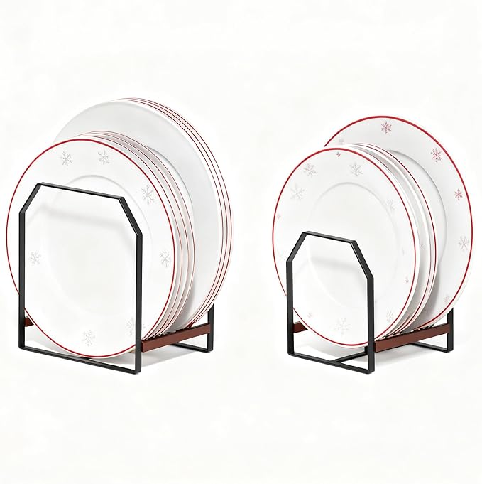 TIPSYTREE 2 Pack Kitchen Plate Organizer with Large & Small Holders, Metal Dish Racks for Compact Homes and Cabinets, Black (1 Large + 1 Small)