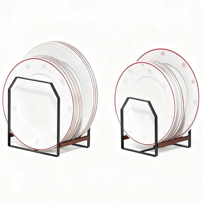TIPSYTREE 2 Pack Kitchen Plate Organizer with Large & Small Holders, Metal Dish Racks for Compact Homes and Cabinets, Black (1 Large + 1 Small)