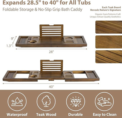 Realgulf Teak Bathtub Tray | Adjustable Width Tray with Wine Holder, Tablet/Phone & Book Stand, Splash-Proof for Bath Time- Walnut