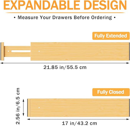 BAMBUROBA Bamboo Drawer Dividers, Adjustable Kitchen Drawer Organizer for Clothes,17-22" Expandable Drawer Organization Separators for Bedroom,Bathroom,Dresser and Office,6-Pack
