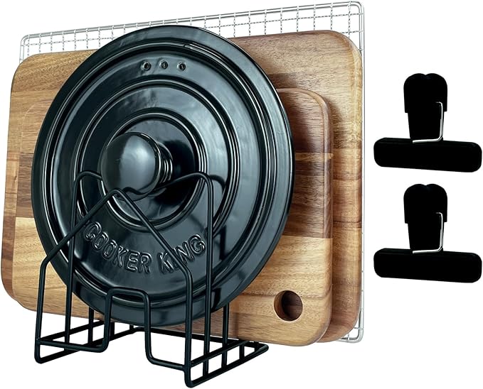 Cutting Board Holder Pot Lid Organizer W 2 Chip Bag Clips 304 Stainless Steel Pan Organizer Under Cabinet Inside Cabinet Pot Cover Cookie Sheet Bakeware Serving Tray Cooling Rack Stand Kitchen Black