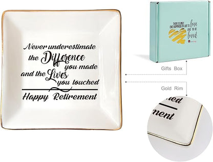 HOME SMILE Retirement Gifts for Women-Ceramic Ring Dish Jewelry Tray-Happy Retirement Appreciation Gift for Mom,Coworkers, Boss,Friends,Nurse,Teacher-Never Underestimate the Difference You Made
