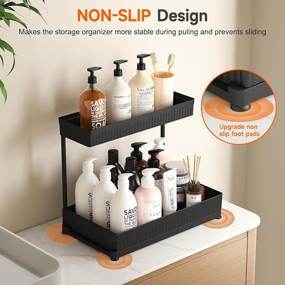 3 Pack Multi-Purpose Under Sink Organizers and Storage, 2026 L-Shaped Pull Out Cabinet Organizer for Bathroom & Kitchen, Under Cabinet Organizer with Hooks Hanging cup, Black, 14.85 inch