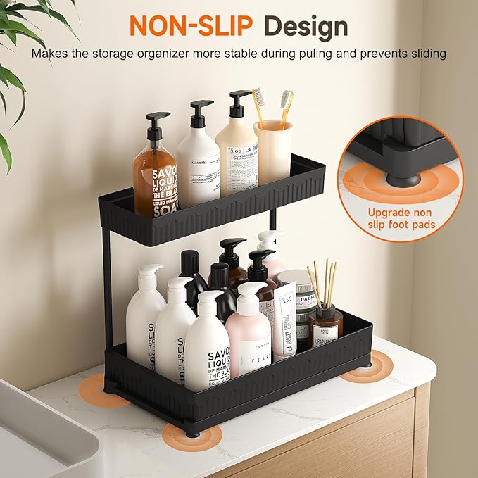 3 Pack Multi-Purpose Under Sink Organizers and Storage, 2025 L-Shaped Pull Out Cabinet Organizer for Bathroom & Kitchen, Under Cabinet Organizer with Hooks Hanging Cup, Black