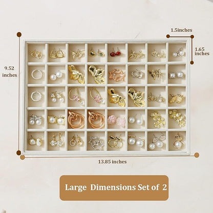 KATISYIO Large Velvet Jewelry Tray 2 Pack Stackable Jewelry Display Drawer Inserts Trays Organizer for Earring Bracelet Necklace Ring (Beige, 40 Grids)