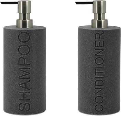 Indecor Home Resin 2 Pack Shampoo, Conditioner or Body Wash Dispenser Set, Luxurious Refillable Pump Bottles with Matte Pump Top and Embossed Text, Durable Design for Bathroom and Shower