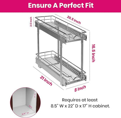 HOLDN’ STORAGE Two Tier Pull Out Cabinet Organizer, Individual Sliding Drawers - Heavy Duty Metal with Lifetime Limited Warranty - Anti Rust Chrome Finish - 8" W x 21”D x 16.5" H
