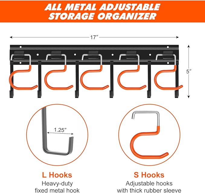 17'' All Metal Garden Tool Organizer Adjustable Garage Tool Organizer Wall Mount Garage Organizers and Storage with Heavy Duty Hooks Tool Hangers for Garage Wall, Shed, Garden