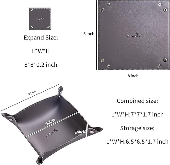 SANQIANWAN Leather Jewelry Valet Tray for Women and Man, Portable Entryway Table Tray Bedside Nightstand Desk Tray Small Catchall Travel Dish Plate for Key,Wallet,Watch,Coin (Deep Grey-B)