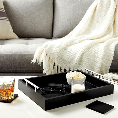 Juvale Wooden Serving Tray - 15.7 x 11.8 x 3.1 in, Black Rustic, Includes 2 Coasters - Decorative Tray with Interchangeable Gold & Silver Handles - Sofa & Ottoman Use, Coffee Table Decor