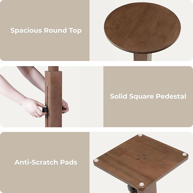 Behomes Aurin Solid Wood Nightstand, Mid Century Modern Side Table with Adjustable Height, Couch End Table, Accent Bedside Table for Bedroom, Living Room, Round Top, Walnut