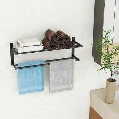 Bathroom Towel Rack 24", 2 Tier Towel Racks for Bathroom Wall Mounted, Bathroom Shelf with Double Towel Bar, Stainless Steel Towel Storage for Bathroom Lavatory Towel Holder Hanger, Black