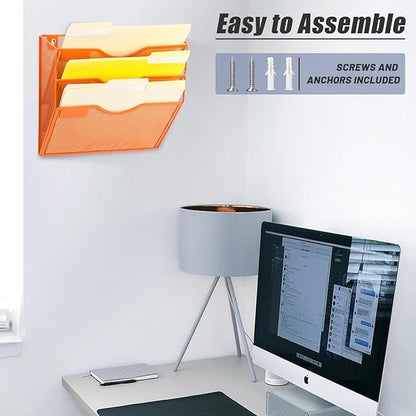 EASEPRES 3 Pocket Mesh Hanging Wall File Organizer, Wall Mounted Mail Paper Document Folder Holder, Clipboard Storage Organization Magazine Rack with Nametag Label for Office Home School, Orange