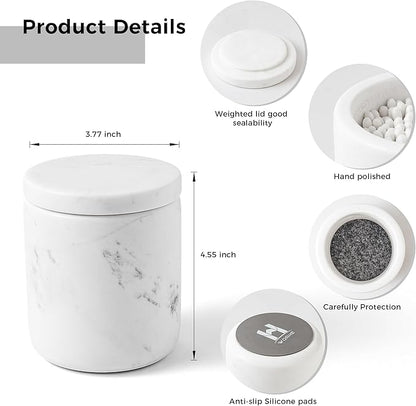 WORHE Marble Qtip Holder with Lid Natural Cotton Ball Container for Cotton Swabs,Makeup Sponges,Bath Salt Large Capacity Bathroom Canisters Jars for Countertop Storage and Organization White (WH051)