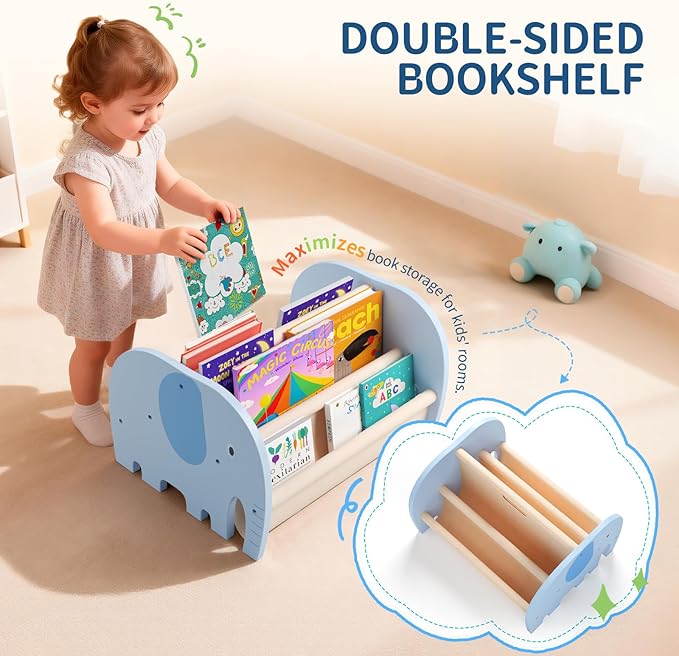Double Sided Kids Bookshelf – 2 Tier Portable Toddler Bookshelf, Book Shelf for Kids Rooms & Playroom, Cute Elephant Design Wooden Montessori Baby Bookshelf,Toddler Book Display Shelves,Blue