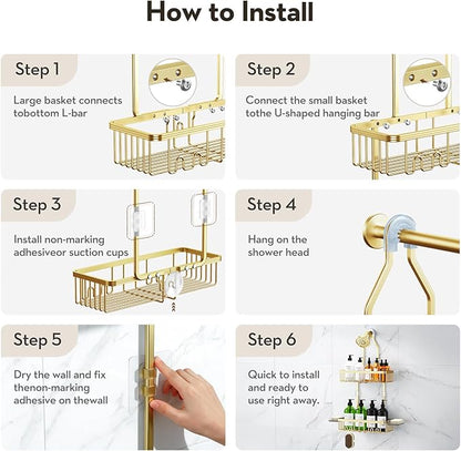 VALORDINE Shower Caddy Hanging, Shower Organizer Hanging, Aluminum Shower Racks for Inside Shower with Hooks for Razor, Never Rust Bathroom Organizers and Storage with Soap Holder, Gold