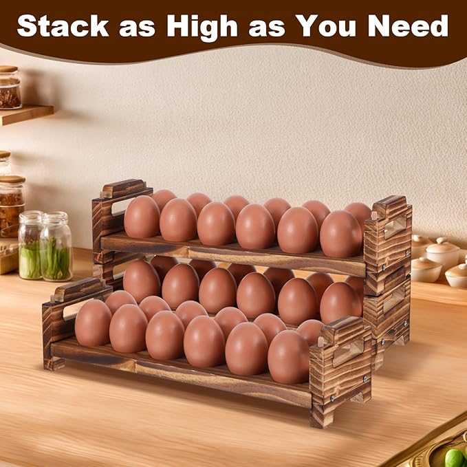 Egg Holder Countertop, 3-Tire Solid Wooden Egg Holder, Stackable Egg Storage Basket Holding Up to 36 Fresh Eggs, Chicken, Duck Eggs - Unfinished