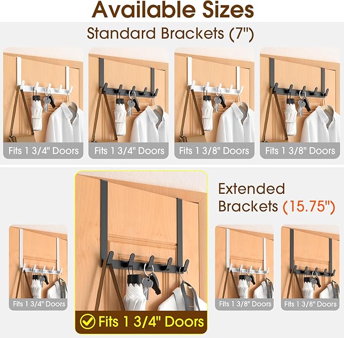 CHAUNCEY HOME Long Over The Door Hooks with 15.75-inch Arms for Easier Access by Women, Heavy Duty Door Hanger for Winter Coat, L16U, Fits Standard 1 3/4'' Doors, Towel Racks Organization, Black