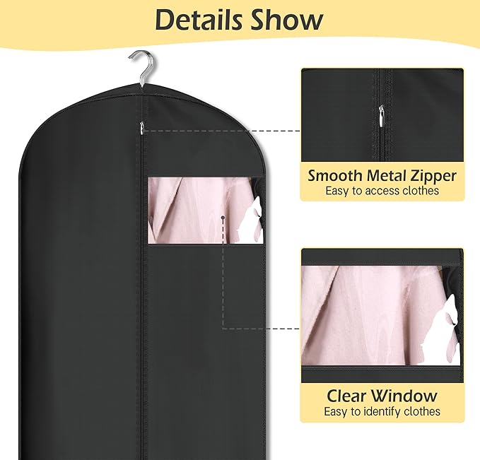 MISSLO 4" Gusseted Garment Bags for Hanging Clothes 65" Dress Bags for Gowns Long Waterproof Dress Cover for Closet Hanging Clothes Storage Bag, 3 Packs, Black
