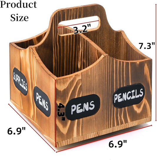 360° Rotating Art Supply Organizer, Wood Pen Pencil Holder with Handle, 4 Slots Lazy Susan Desktop Storage Caddy for Paint Brushes, Crayons, Art Studio, School, Office Supplies