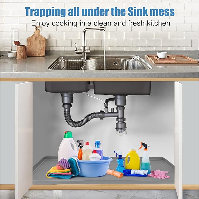 Under Sink Mat for Kitchen Waterproof, 34" x 19" Silicone Under Sink Liner Kitchen & Bathroom Cabinet Protector Mats, Heavy Duty Flexible Under Sink Drip Tray with Lip, Cool Grey
